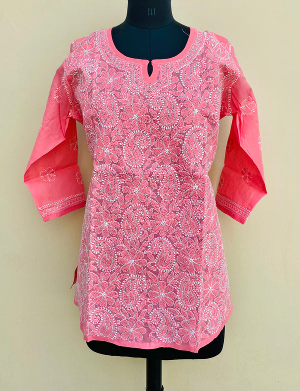 Lucknowi Chikankari Short Kurti Pink Cotton