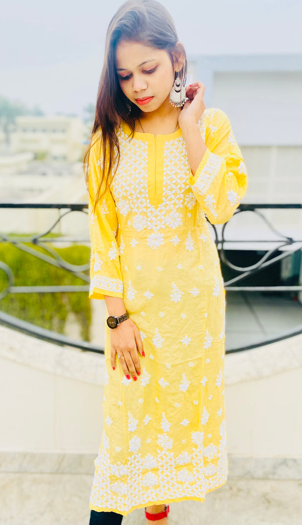 Lucknowi Chikankari Kurti Yellow Soft Modal Cotton