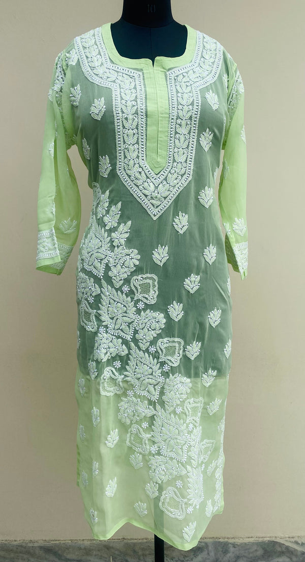 Lucknowi Chikankari Kurti Green Faux Georgette