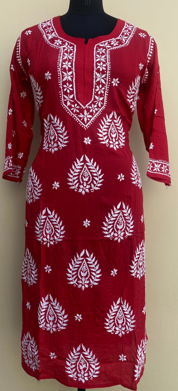 Lucknowi Chikankari Kurti Red Soft Modal Cotton