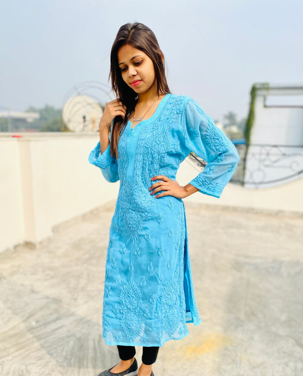 Lucknowi Chikankari Kurti Blue Faux Georgette with Self work