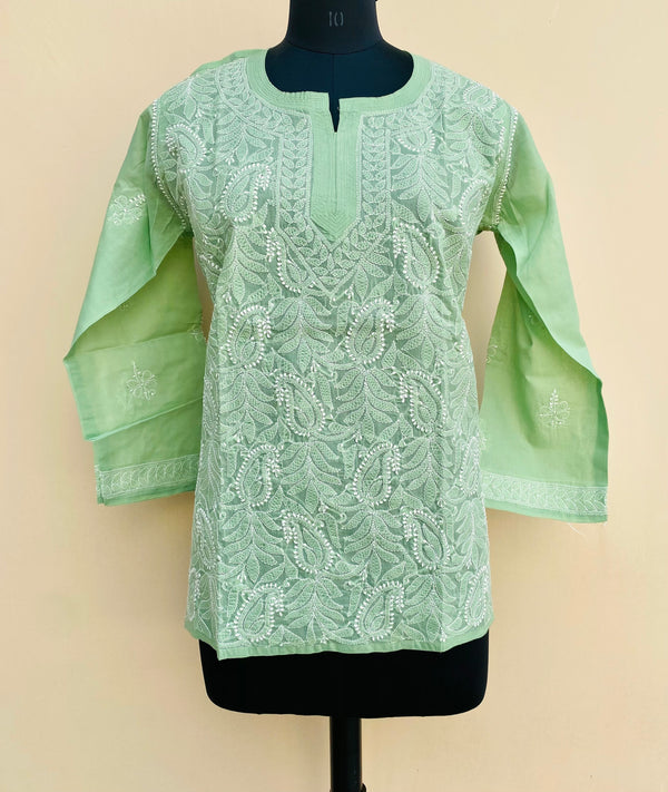 Lucknowi Chikankari Short Kurti Pista Green Cotton