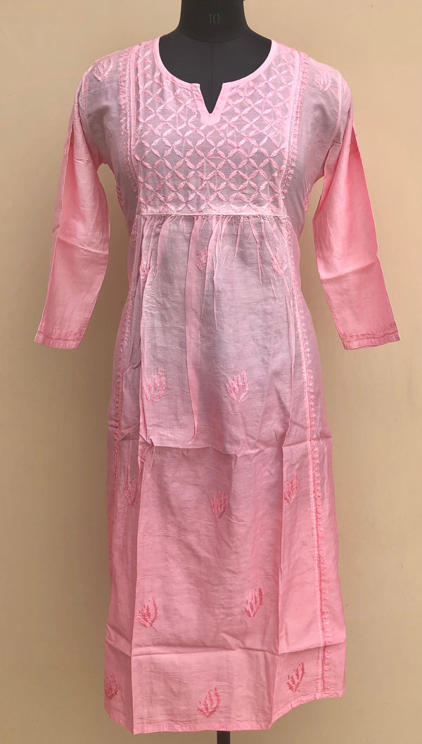 Lucknowi Chikankari Kurti Baby Pink Mal Chanderi with Self work