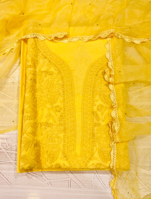 Lucknowi Chikankari Suit Length 3 Piece Yellow Cotton