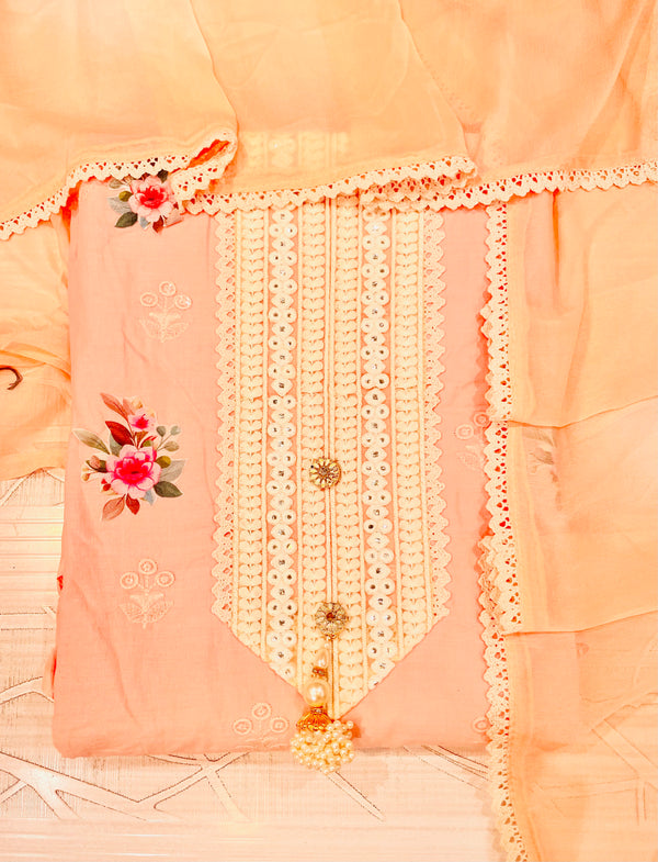 Designer Embroidered Suit Length 3 Piece Peach Mal Cotton