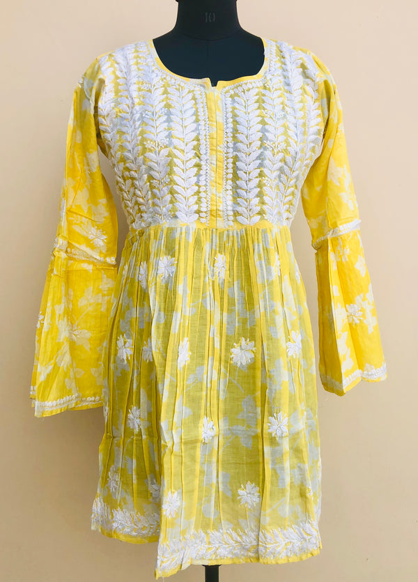 Lucknowi Chikankari Short Kurti Yellow Soft Mal Cotton