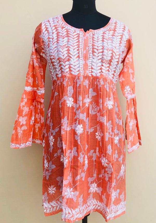 Lucknowi Chikankari Short Kurti Orange Soft Mal Cotton