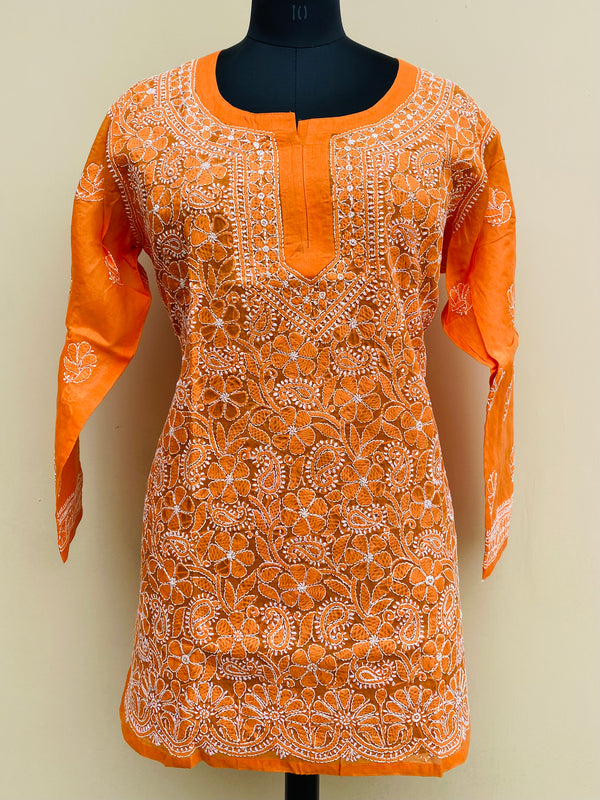 Lucknowi Chikankari Short Kurti Orange Cotton