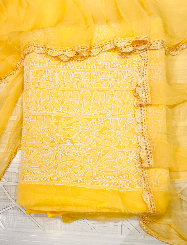 Lucknowi Chikankari Suit Length 3 Piece Yellow Cotton