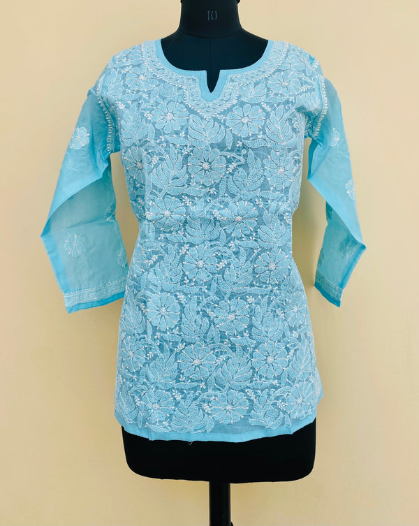 Lucknowi Chikankari Short Kurti Blue Cotton