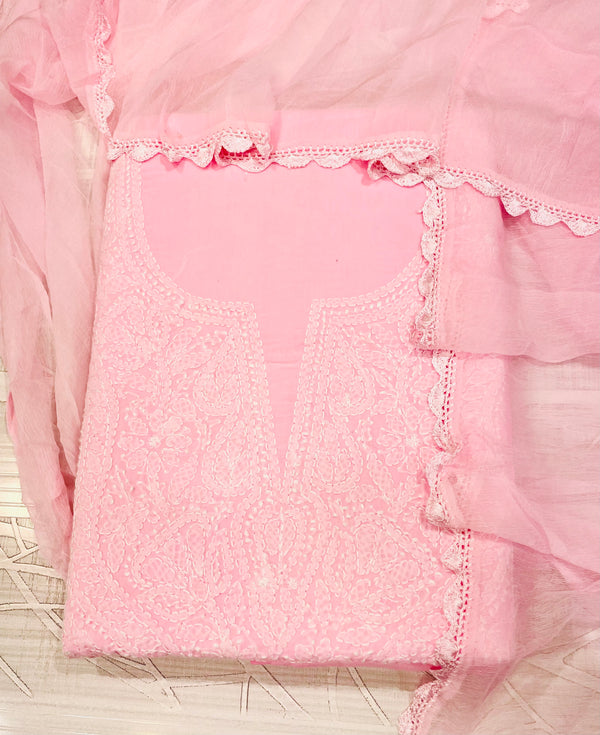 Lucknowi Chikankari Suit Length 3 Piece Pink Cotton