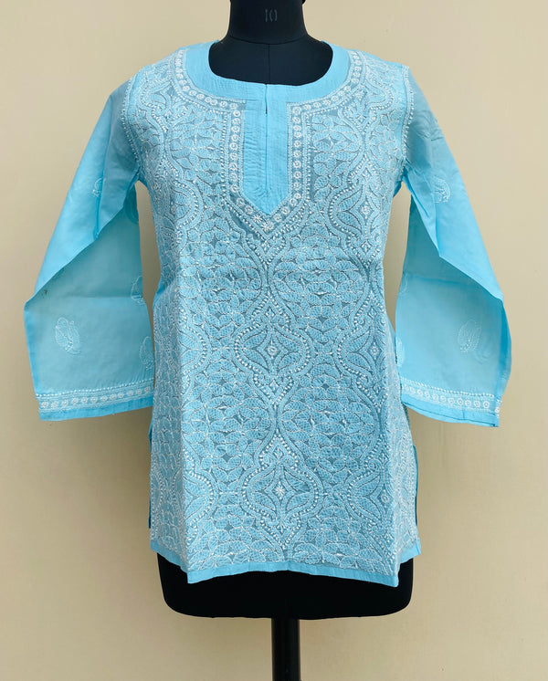 Lucknowi Chikankari Short Kurti Blue Cotton