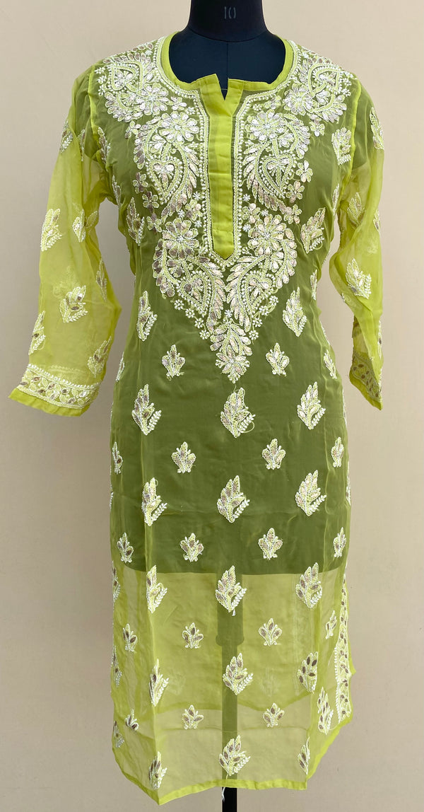 Lucknowi Chikankari Kurti Green Faux Georgette