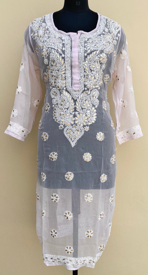 Lucknowi Chikankari Kurti Baby Pink Faux Georgette