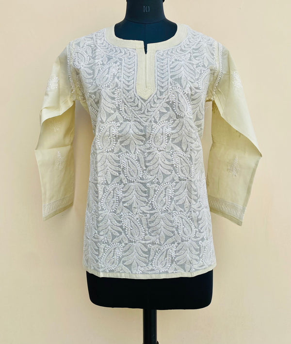 Lucknowi Chikankari Short Kurti Cream Cotton