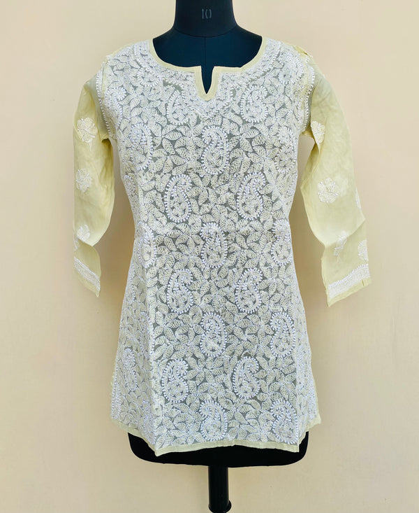 Lucknowi Chikankari Short Kurti Lemon Yellow Cotton