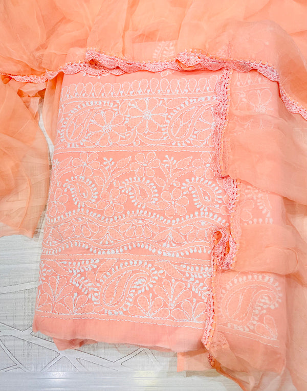 Lucknowi Chikankari Suit Length 3 Piece Peach Cotton