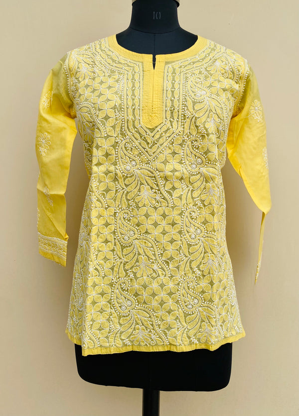 Lucknowi Chikankari Short Kurti Yellow Cotton