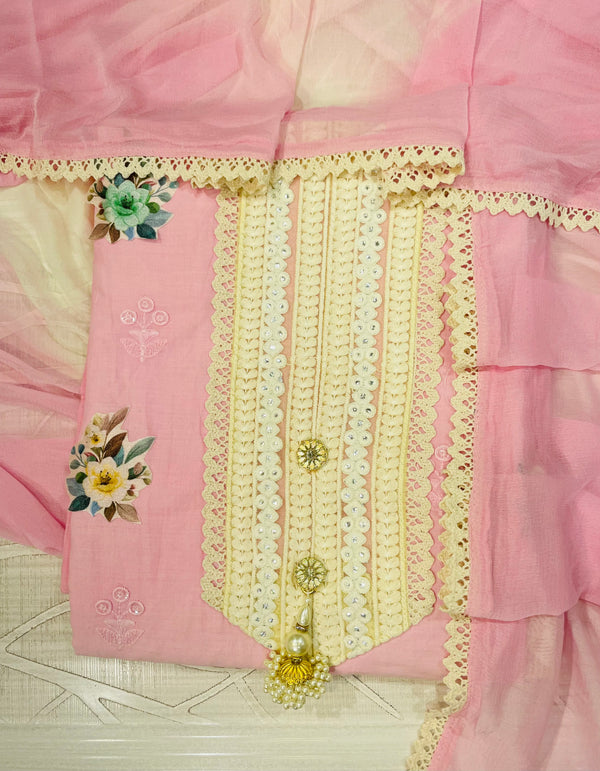 Designer Embroidered Suit Length 3 Piece Pink Mal Cotton