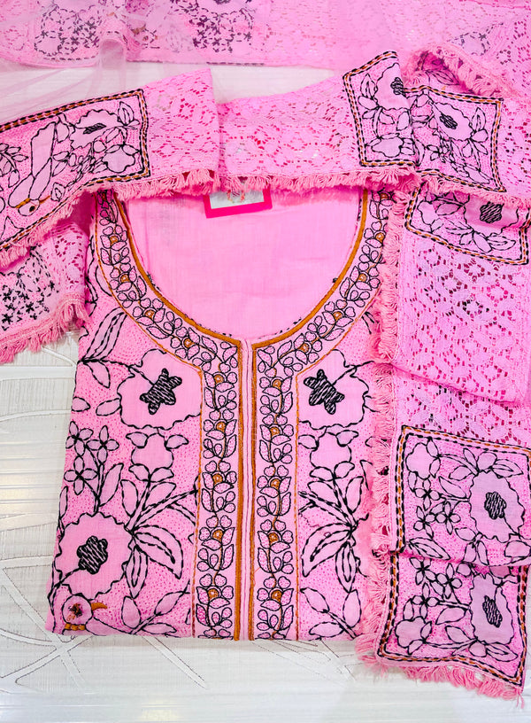 Designer Embroidered Suit Length 3 Piece Pink Cotton