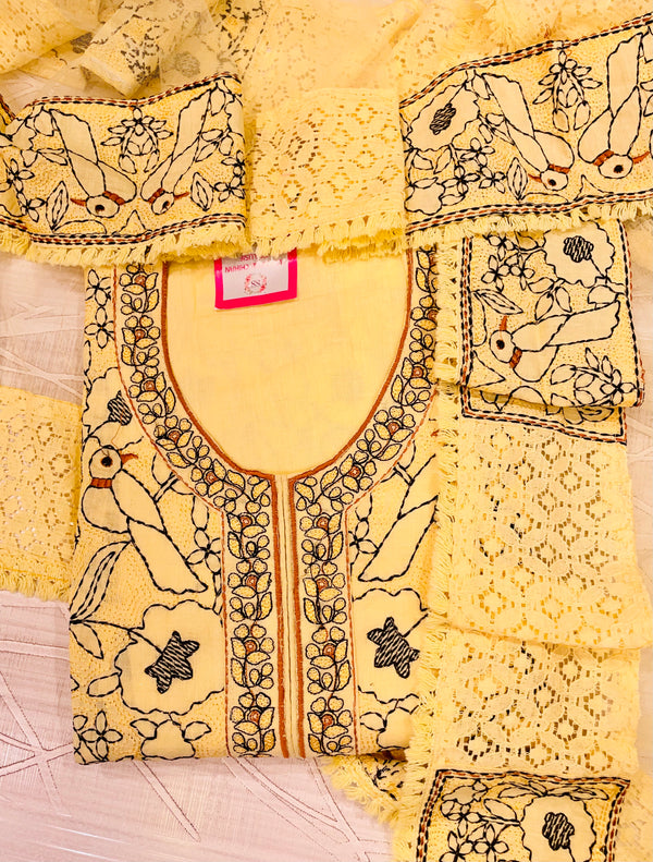 Designer Embroidered Suit Length 3 Piece Yellow Cotton