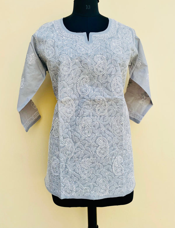 Lucknowi Chikankari Short Kurti Gray Cotton