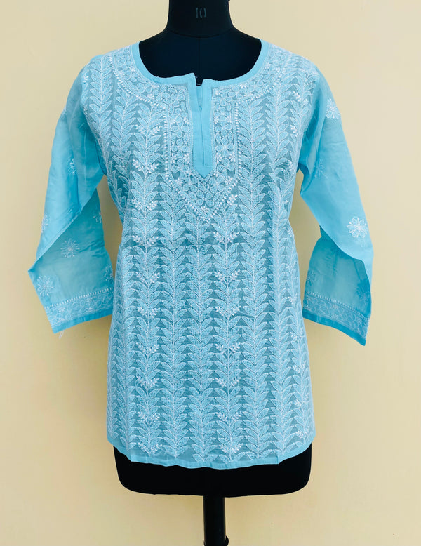 Lucknowi Chikankari Short Kurti Blue Cotton