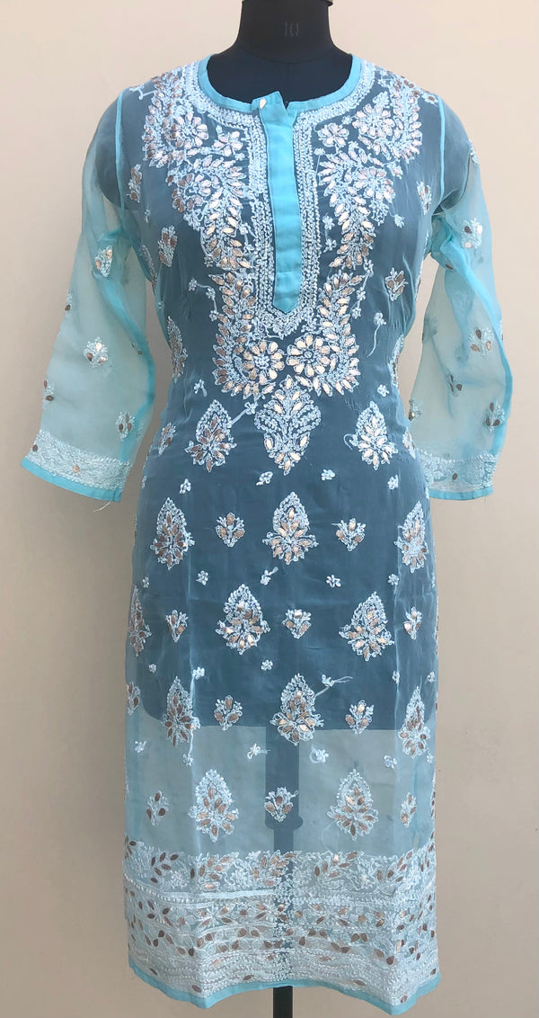 Lucknowi Chikankari Kurti Blue Faux Georgette