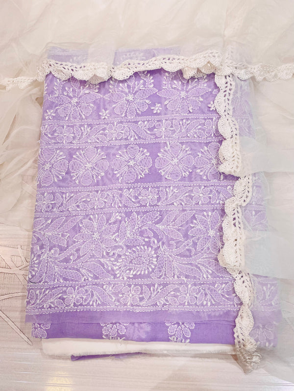 Lucknowi Chikankari Suit Length 3 Piece Purple Cotton