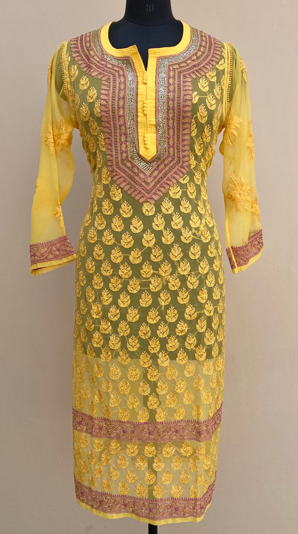 Lucknowi Chikankari Kurti Yellow Faux Georgette With Mukaish Work