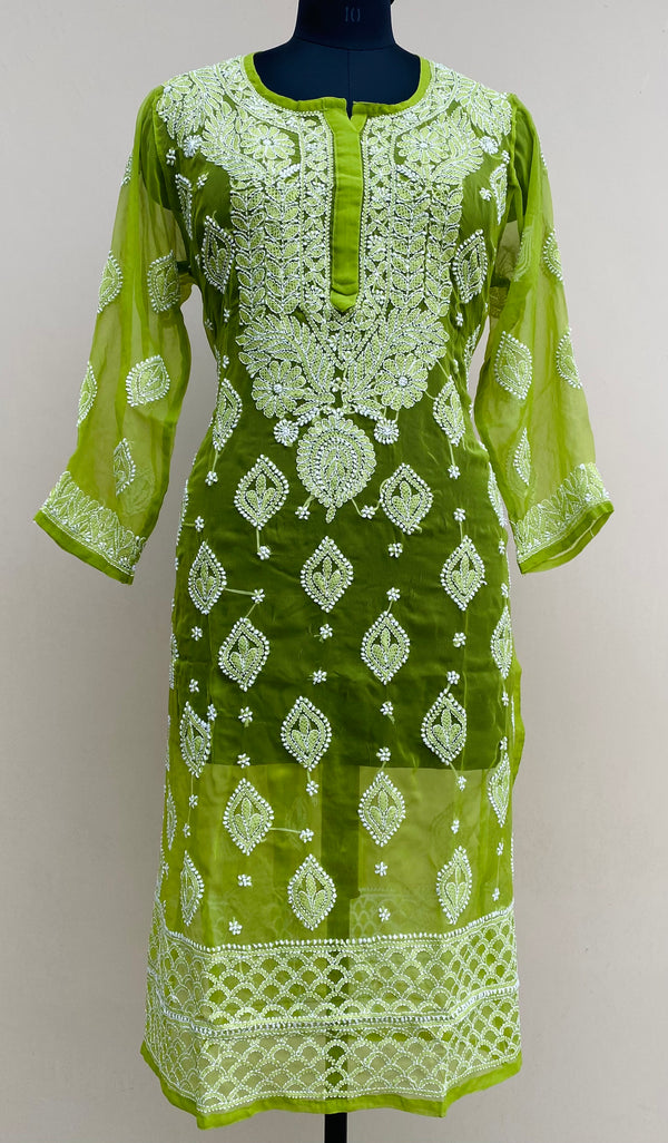 Lucknowi Chikankari Kurti Green Faux Georgette