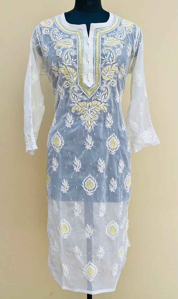 Lucknowi Chikankari Kurti Lemon Yellow Pure Georgette With Pearl Work