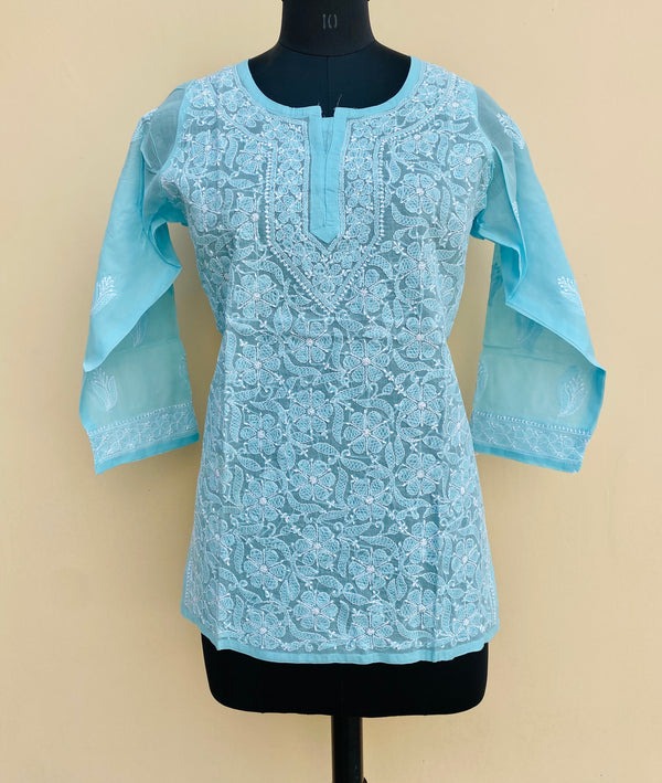 Lucknowi Chikankari Short Kurti Blue Cotton