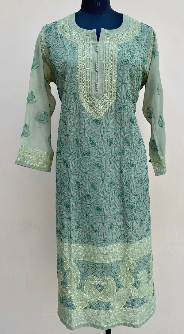 Lucknowi Chikankari Kurti Green Faux Georgette