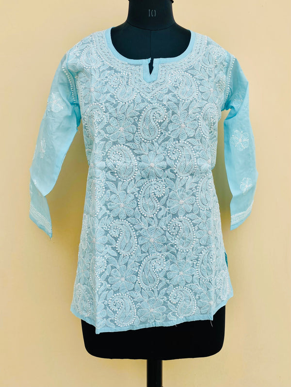 Lucknowi Chikankari Short Kurti Blue Cotton