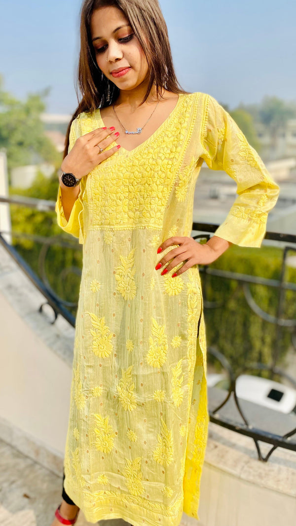 Lucknowi Chikankari Angrakha Kurti Yellow Soft Muslin Cotton with Self 3D work