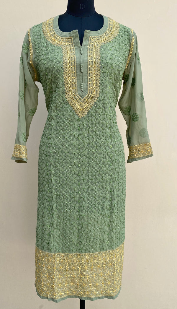 Lucknowi Chikankari Kurti Green Faux Georgette