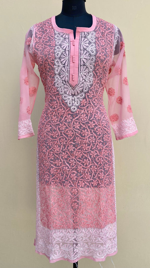 Lucknowi Chikankari Kurti Pink Faux Georgette