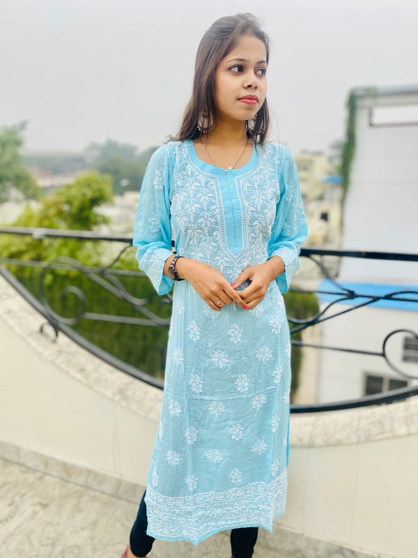 Lucknowi Chikankari Kurti Blue Soft Modal Cotton