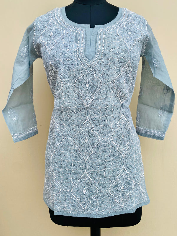 Lucknowi Chikankari Short Kurti Gray Cotton