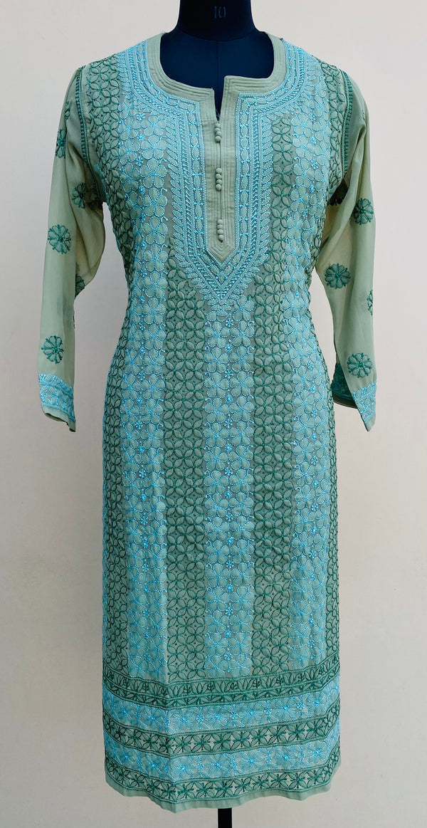 Lucknowi Chikankari Kurti Green Faux Georgette