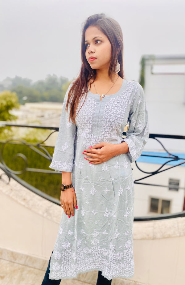 Lucknowi Chikankari Kurti Grey Soft Modal Cotton