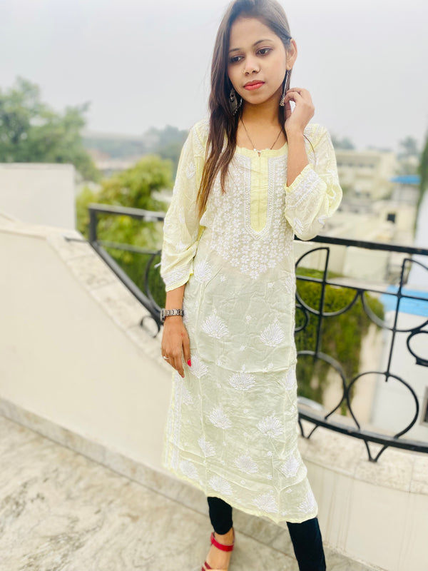 Lucknowi Chikankari Kurti Lemon Yellow Soft Modal Cotton