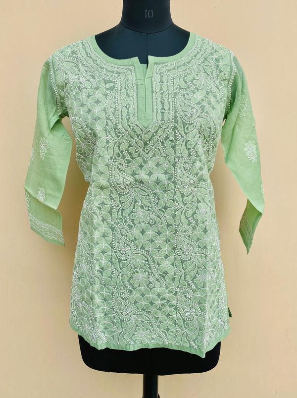 Lucknowi Chikankari Short Kurti Pista Green Cotton