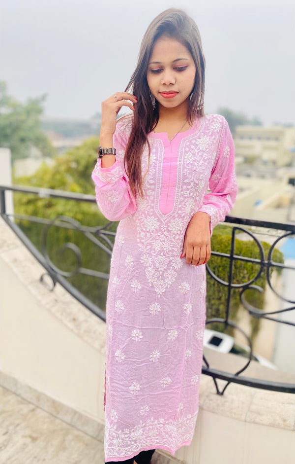 Lucknowi Chikankari Kurti Pink Soft Modal Cotton