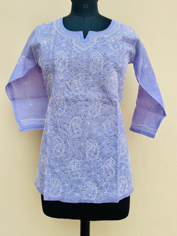 Lucknowi Chikankari Short Kurti Purple Cotton