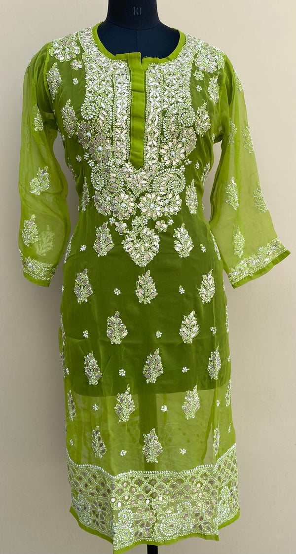 Lucknowi Chikankari Kurti Green Faux Georgette