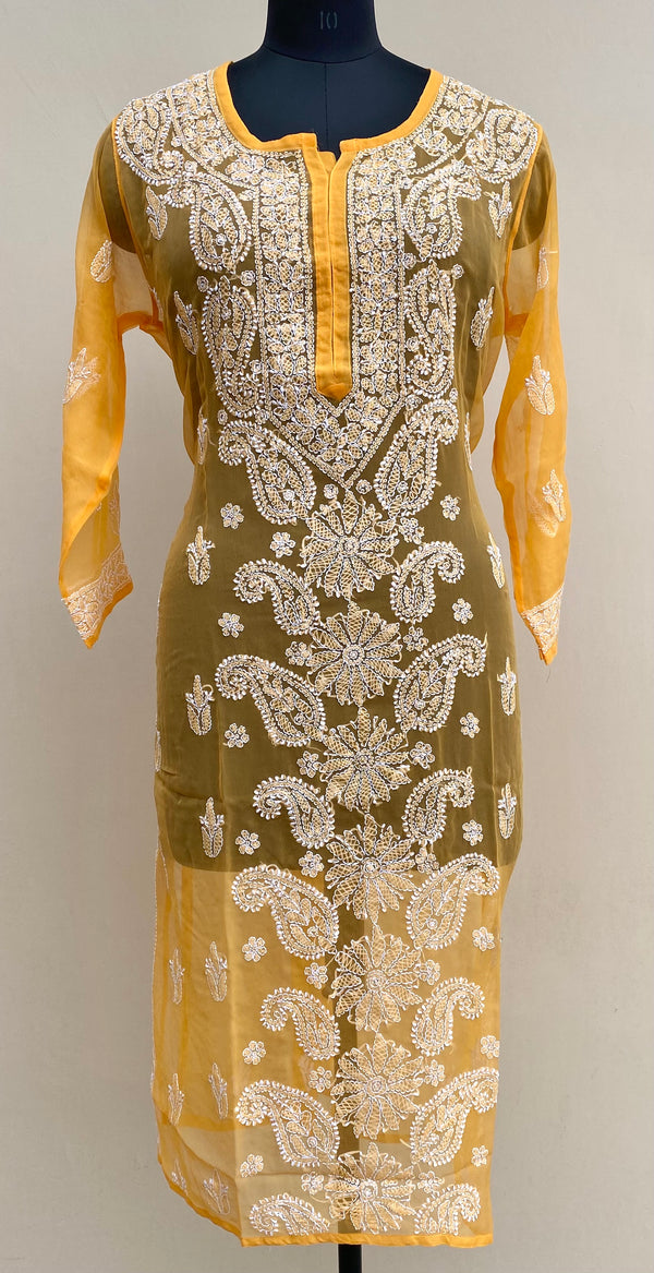 Lucknowi Chikankari Kurti Mustard Faux Georgette