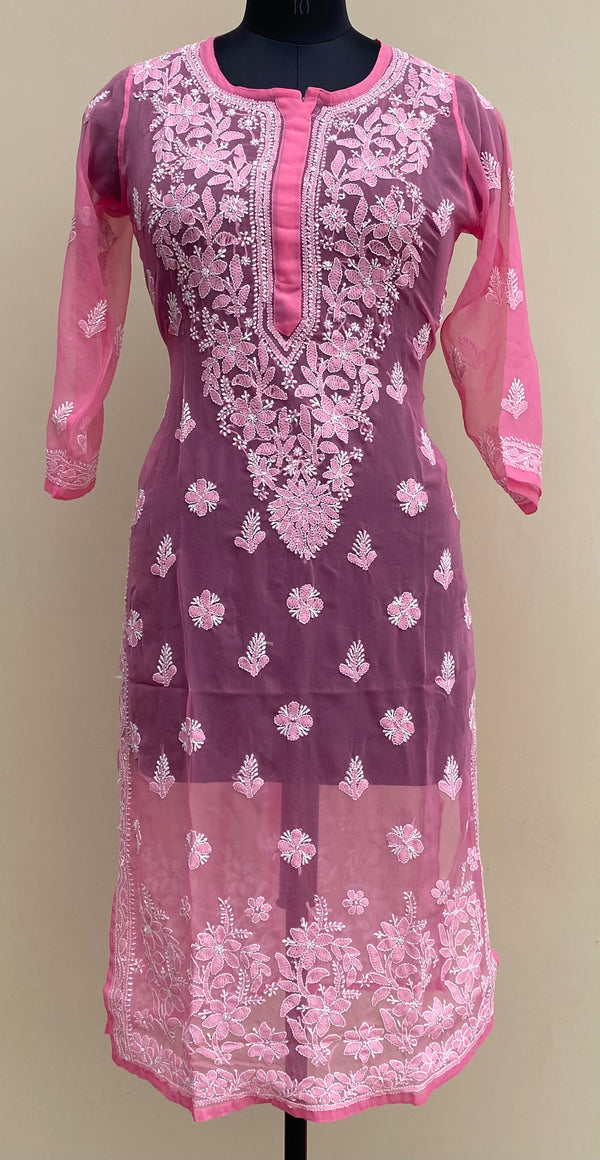 Lucknowi Chikankari Kurti Pink Faux Georgette