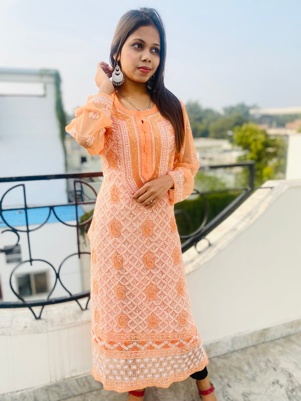 Lucknowi Chikankari Kurti Peach Faux Georgette